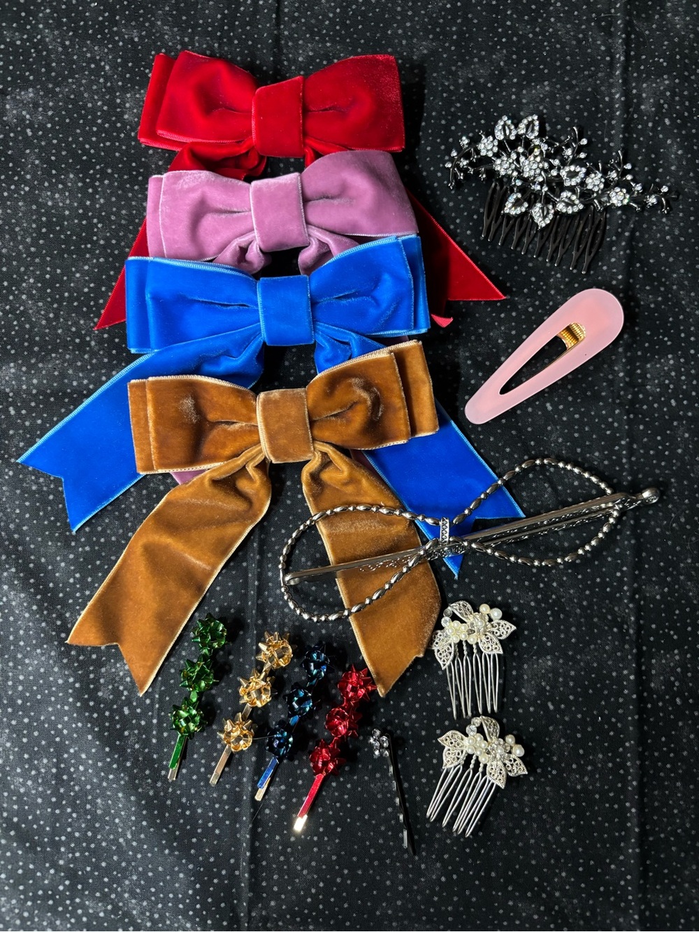 Velvet Bow Hair Clips Set - Brown, Blue, Pink, Red